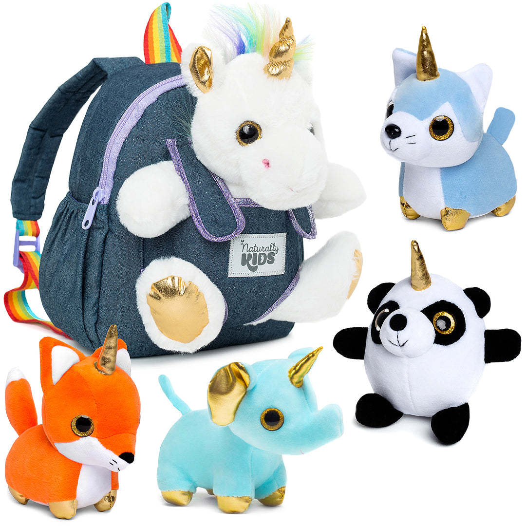 🦄 4 Plush Unicorn Toys: Cat, Fox, Elephant, Panda in a Unicorn Backpack — Stress-Relief Sensory Fidget Unicorn Gifts for Girls & Boys by Naturally KIDS®