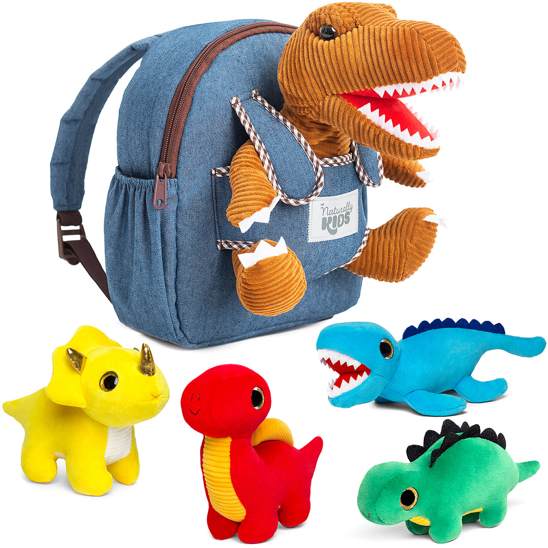 🦖 4 Dinosaur Plush Toys with T-Rex Backpack — Dino Gifts for Boys & Girls by Naturally KIDS®